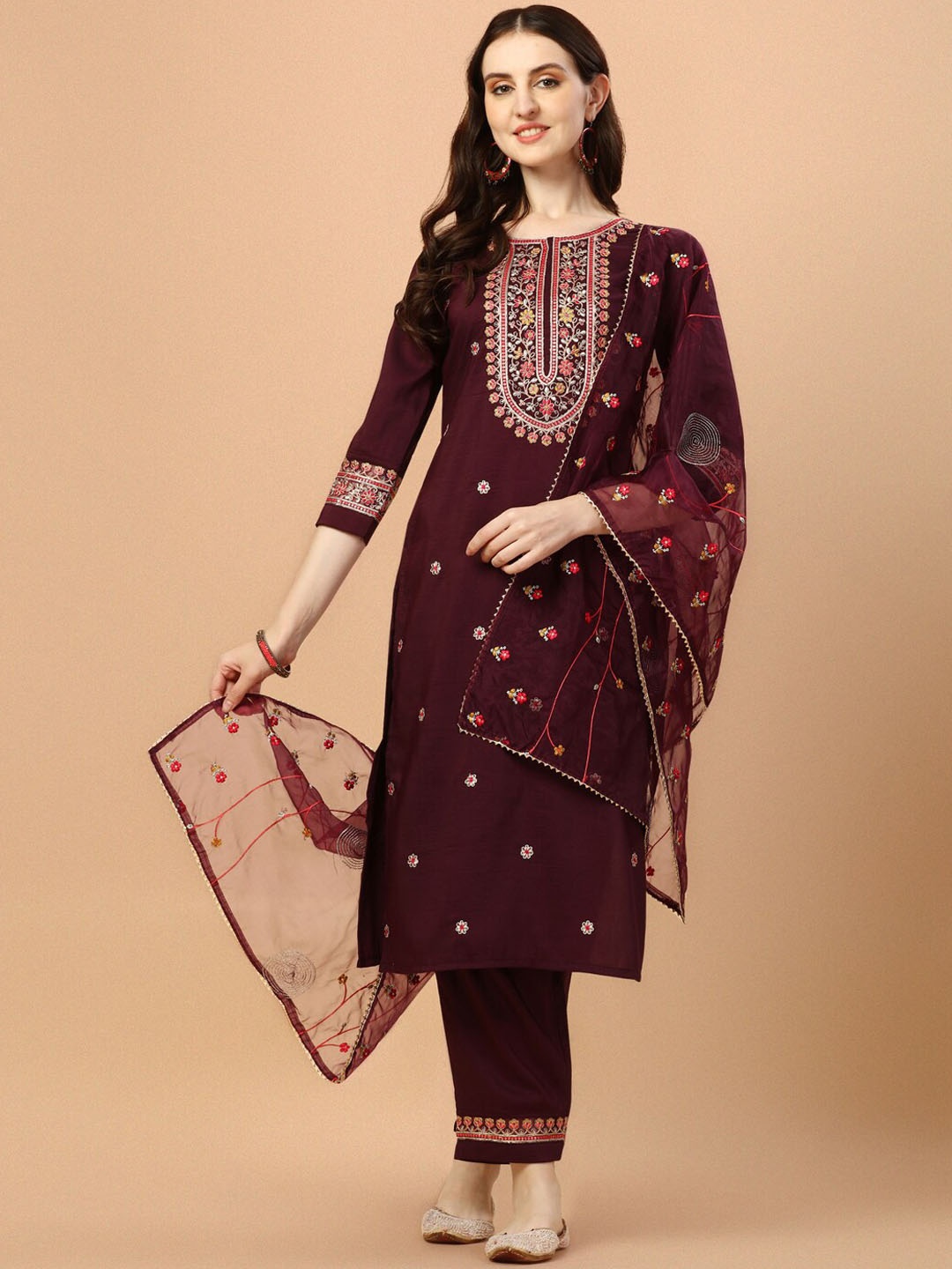 

Berrylicious Floral Embroidered Beads and Stones Kurta With Trousers & Dupatta, Purple