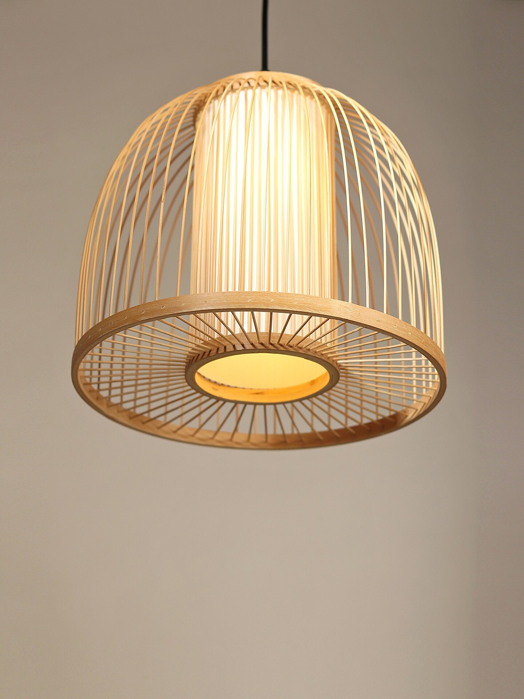 

HABERE INDIA Beige Semi-sphere Textured Wooden Adjustable Cord and Bulb Lamp