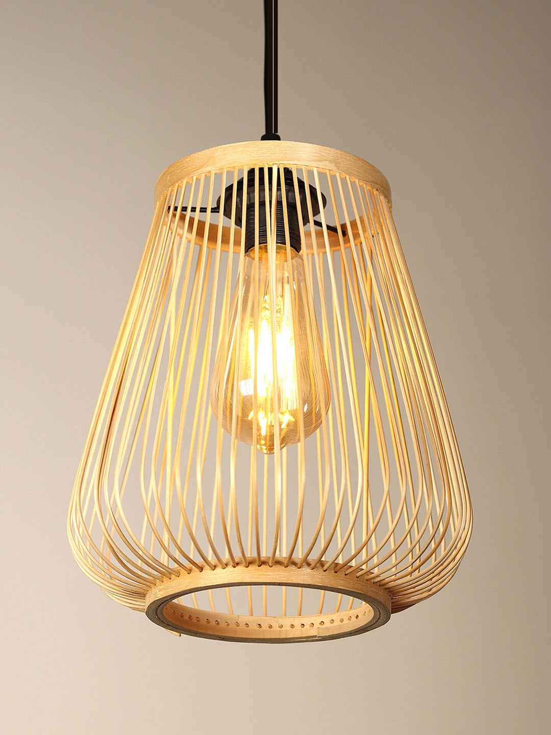 

HABERE INDIA Beige Frustum Textured Wooden Adjustable Cord and Bulb Lamp