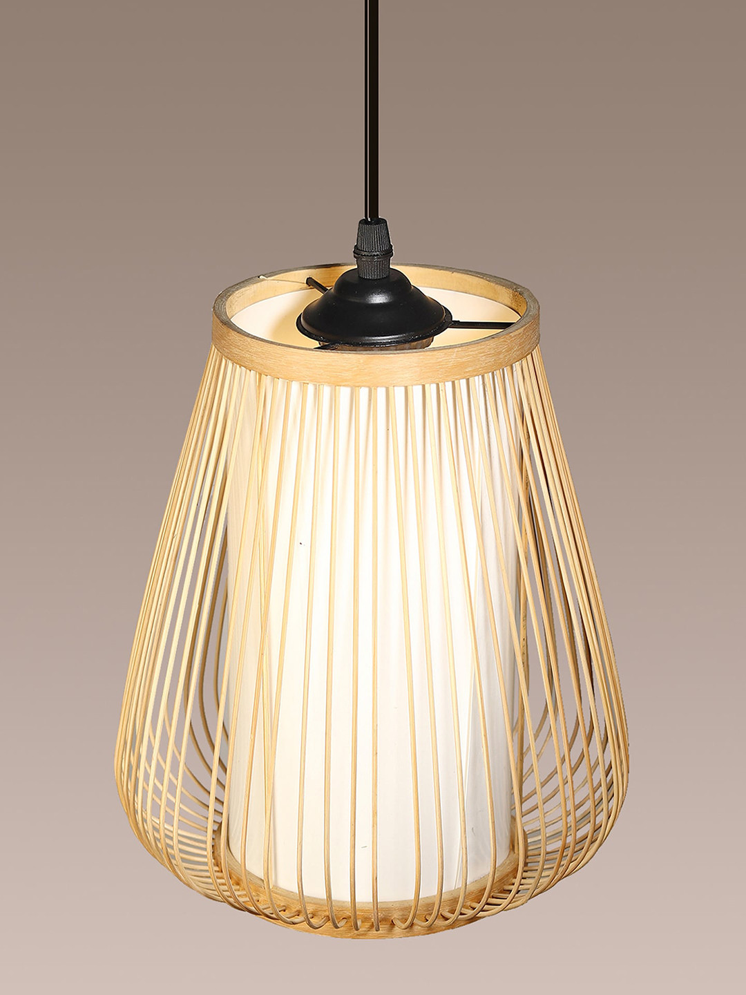 

HABERE INDIA Beige Frustum Textured Wooden Adjustable Cord and Bulb Lamp
