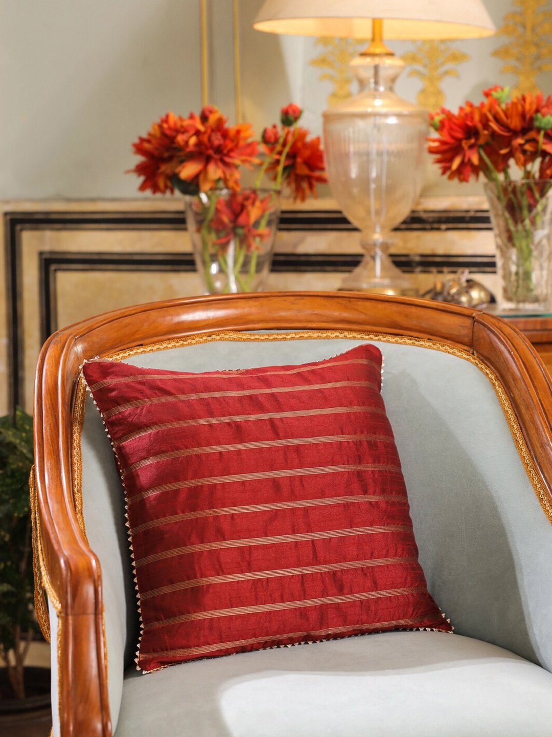 

House of Pataudi Maroon & Gold Toned Zari Striped Square Cushion Cover