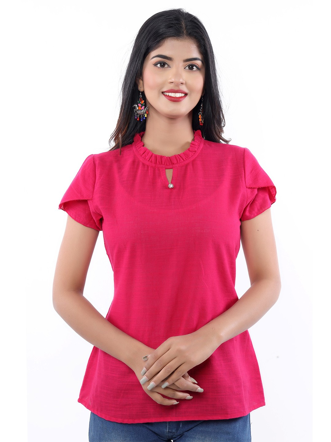 

BAESD Keyhole Neck Tulip Sleeves Ruffles Pure Cotton Top, Pink