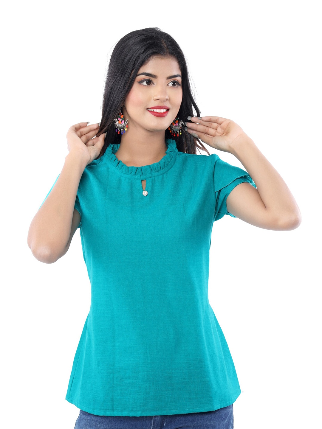 

BAESD Keyhole Neck Tulip Sleeves Ruffles Pure Cotton Top, Turquoise blue
