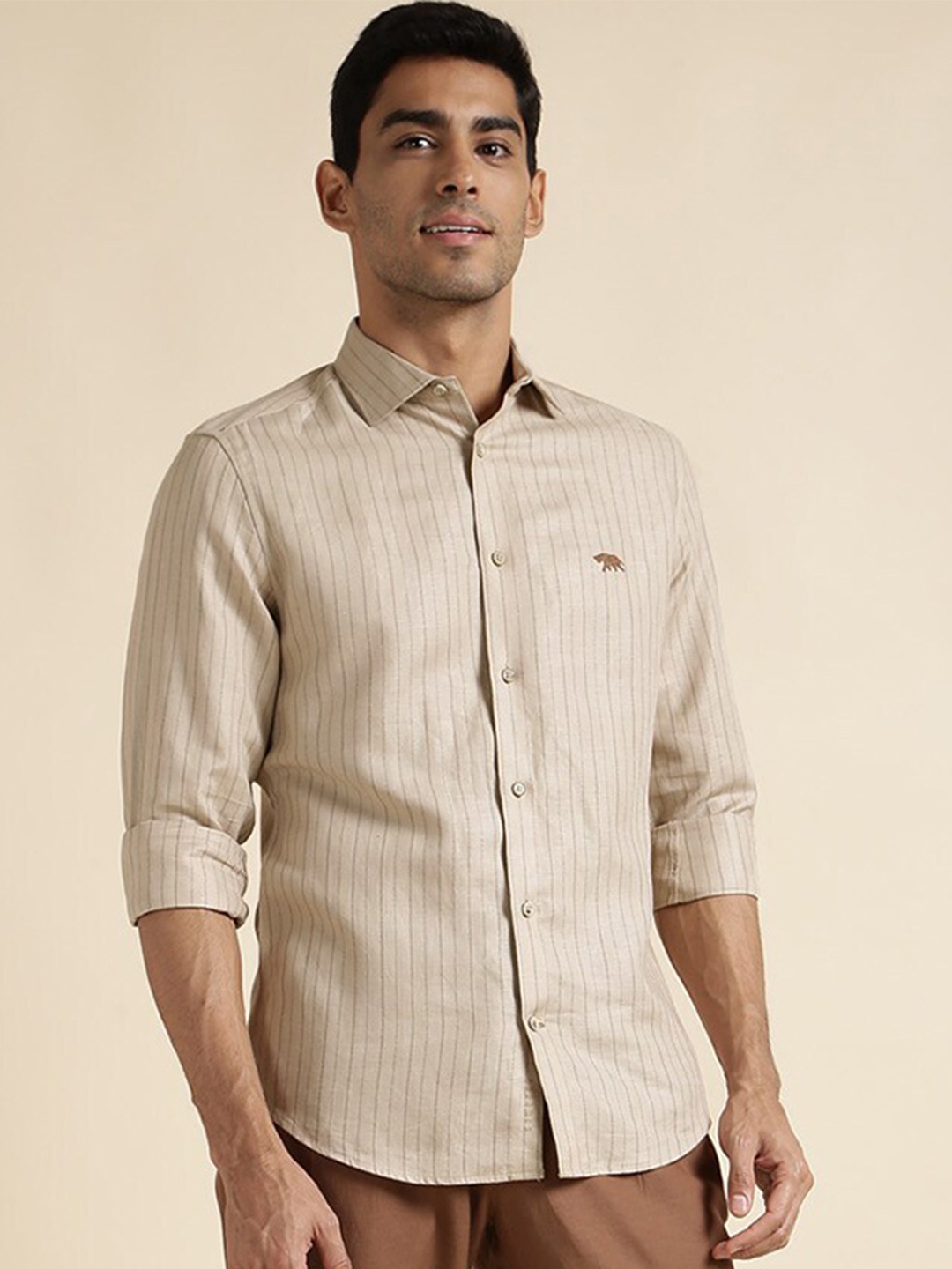 

Andamen Vertical Striped Premium Slim Fit Cotton Casual Shirt, Tan