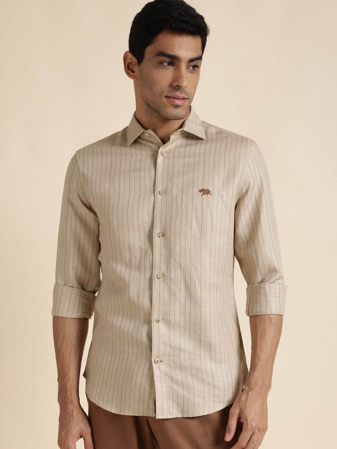 

Andamen Vertical Striped Premium Regular Fit Cotton Casual Shirt, Tan