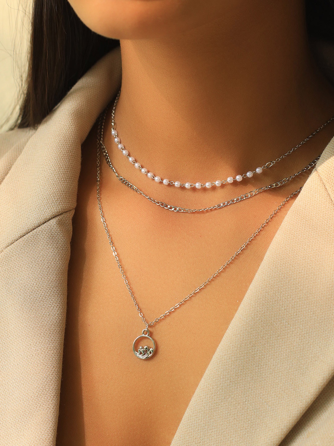 

Ayesha 3-Layered Chain Necklace With Pearls & Minimalist Rhinestone Pendant, Silver