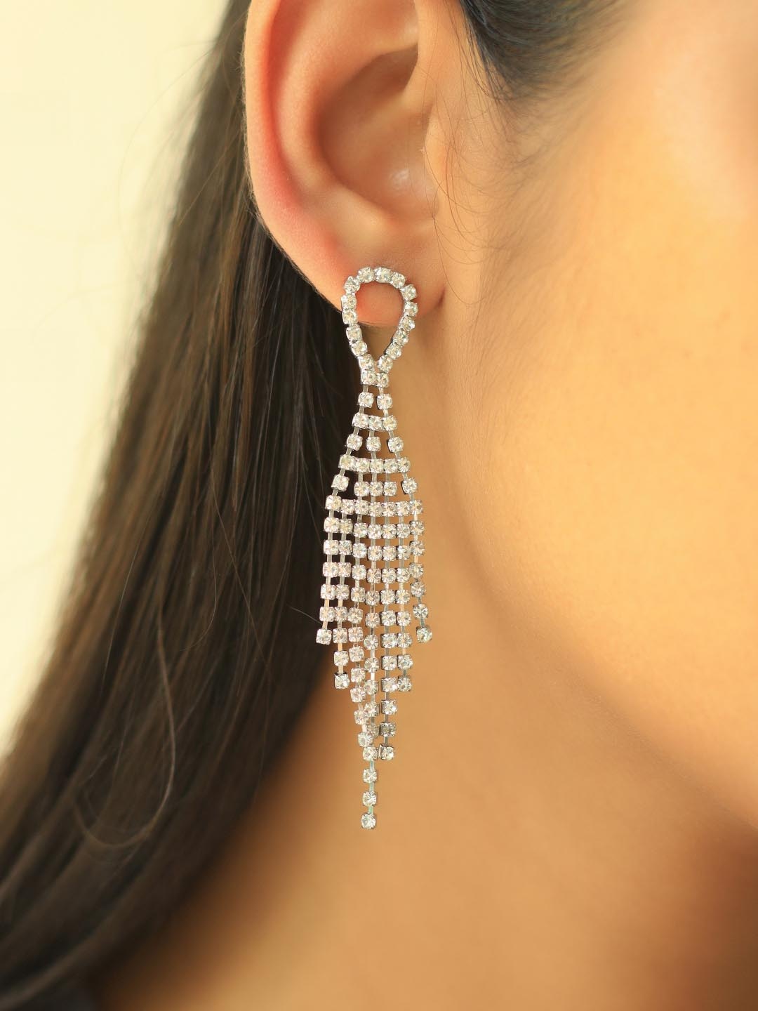 

Ayesha Contemporary Diamante Crystal Studded Tasselled Drop Earrings, Silver
