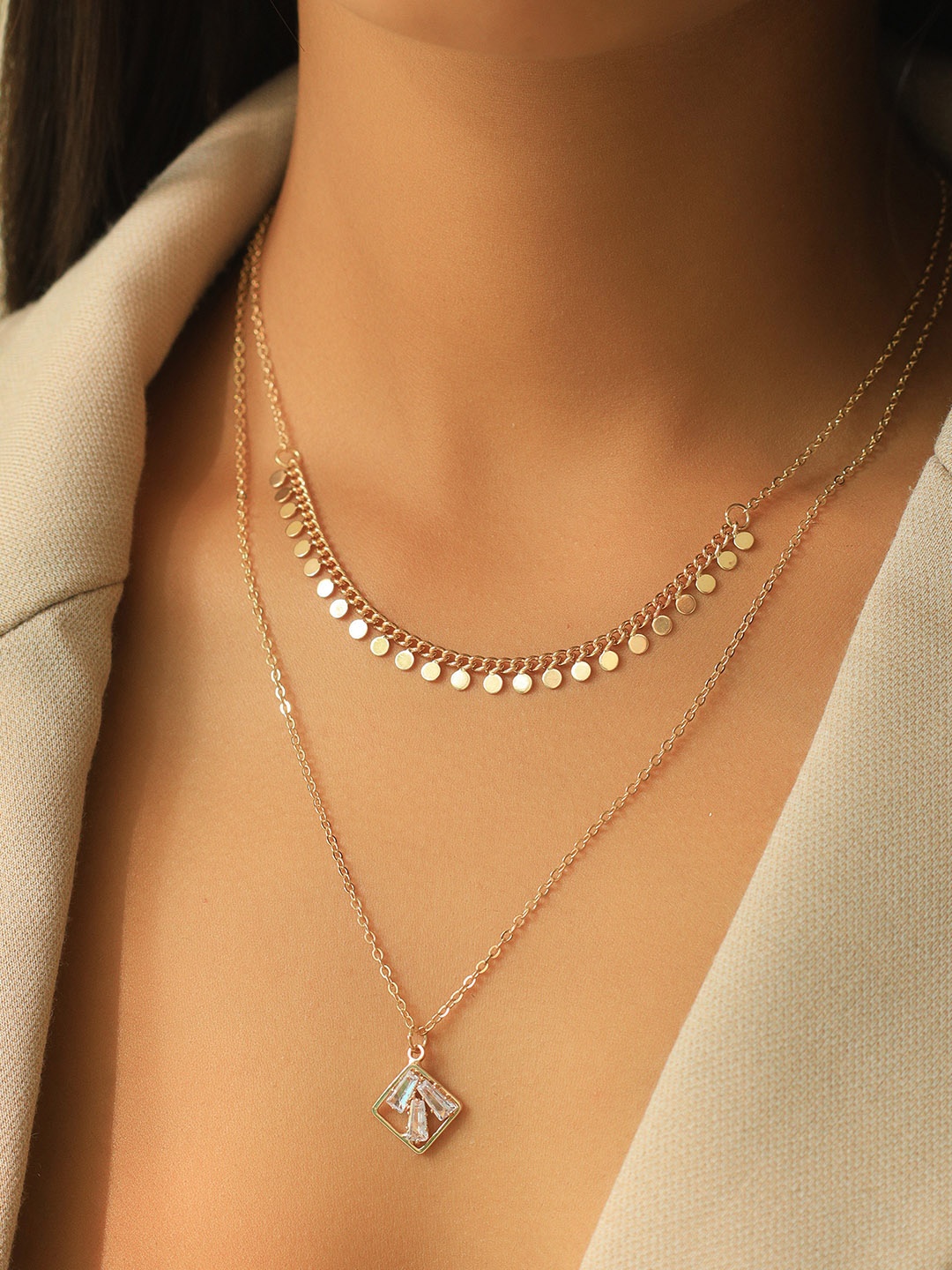 

Ayesha Double Layered Gold Chain With Rhinestone Minimalist Pendant