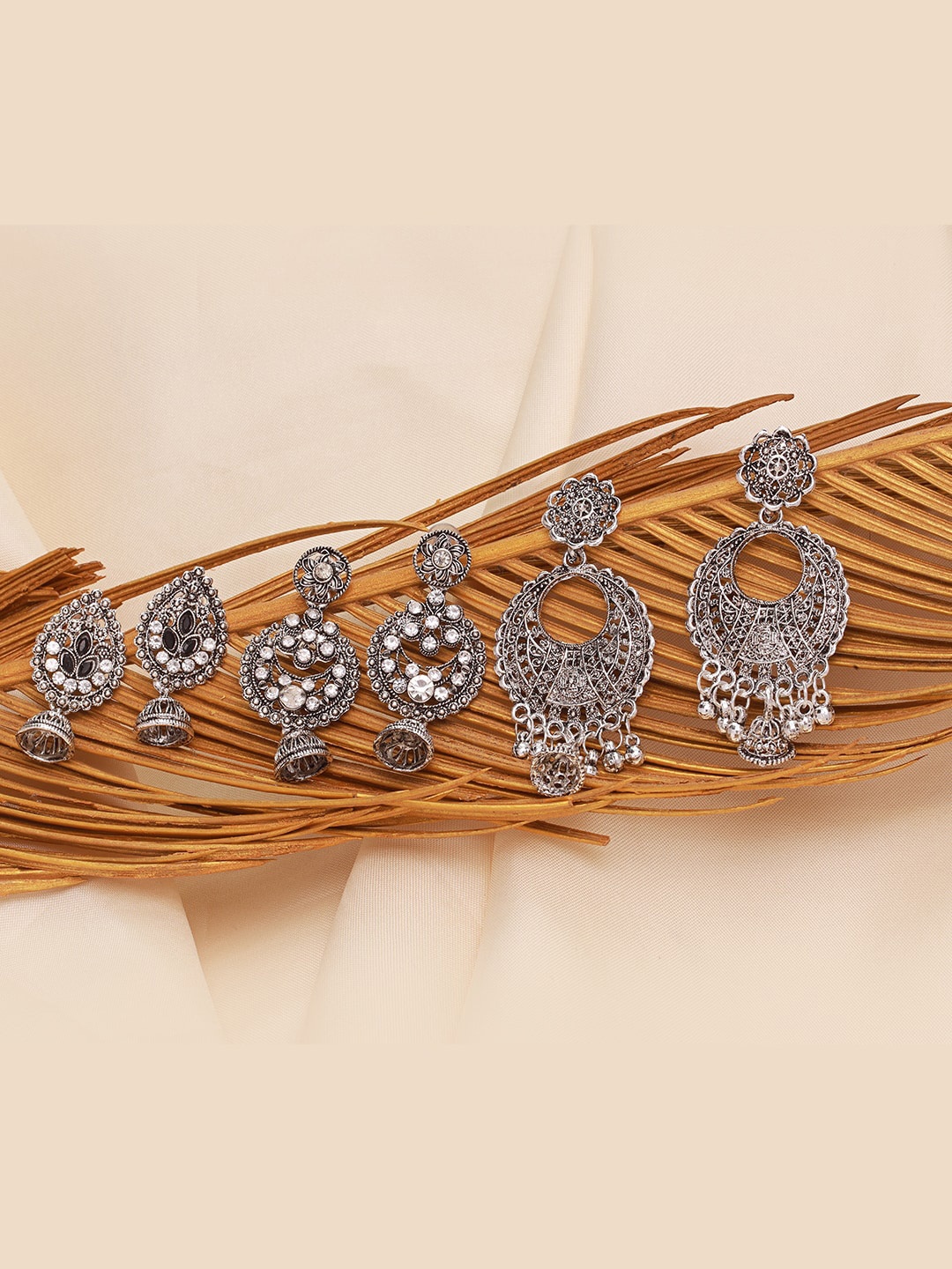 

Ayesha Set Of 3 Ethnic Chambali Earrings With Small Jhumki Danglers, Silver