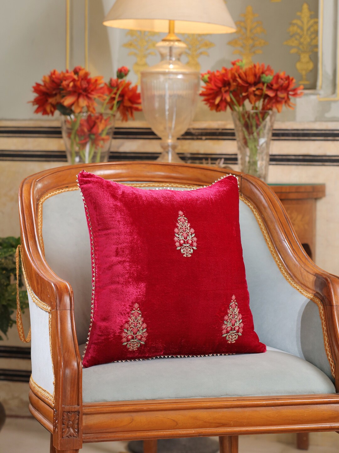 

House of Pataudi Red & Gold Toned Embroidered Velvet Square Cushion Cover