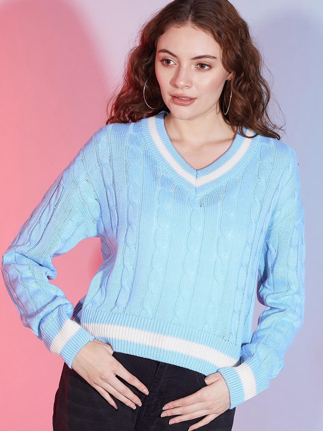 

DressBerry Blue Self Design Long Sleeves Acrylic Pullover