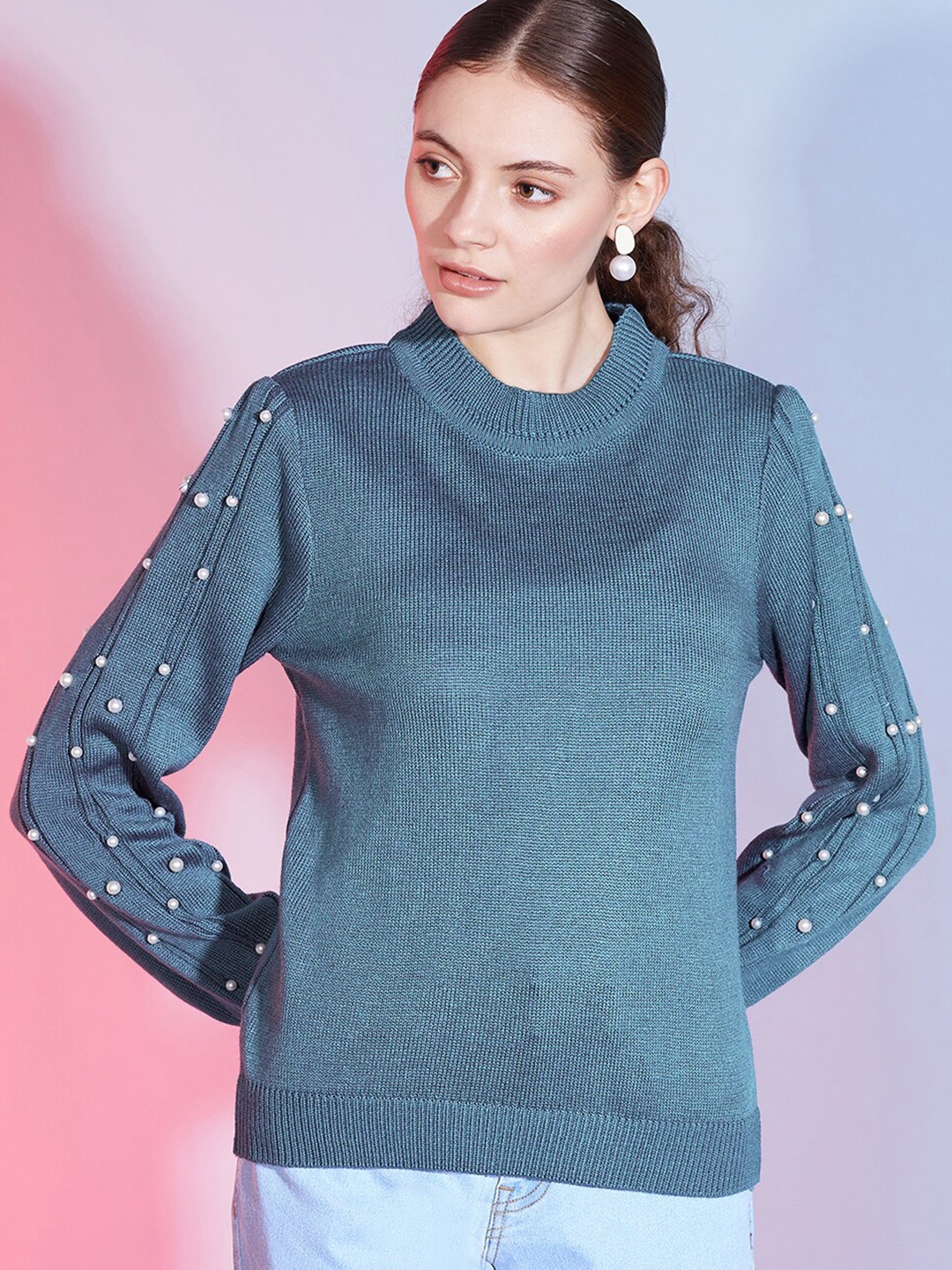 

DressBerry Teal Pullover with Embellished Detail