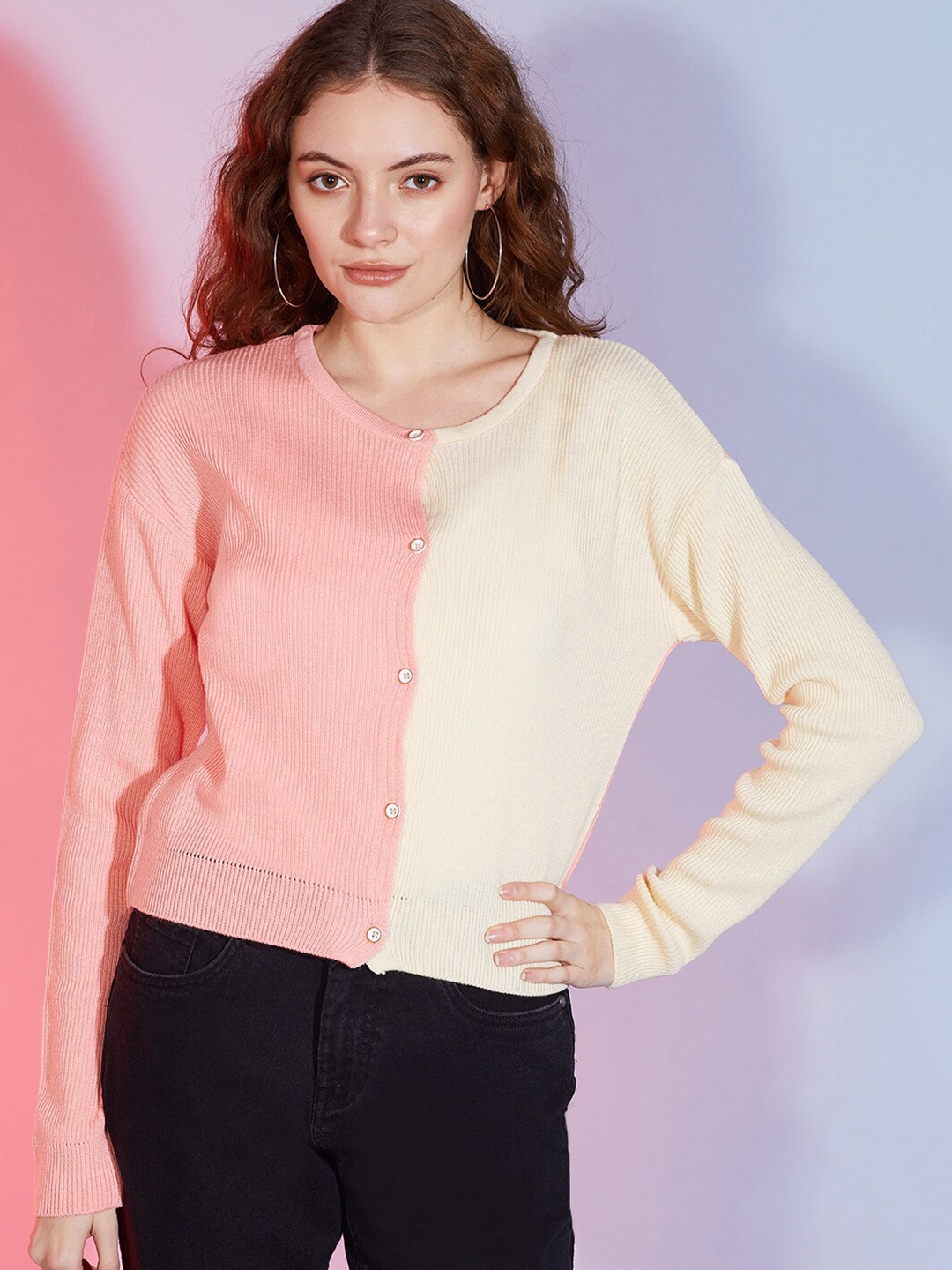 DressBerry Peach-Coloured Colourblocked Acrylic Cardigan Sweater