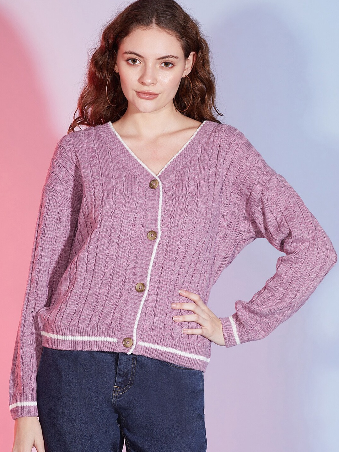 

DressBerry Pink Cable Knit Self Design V-Neck Cardigan