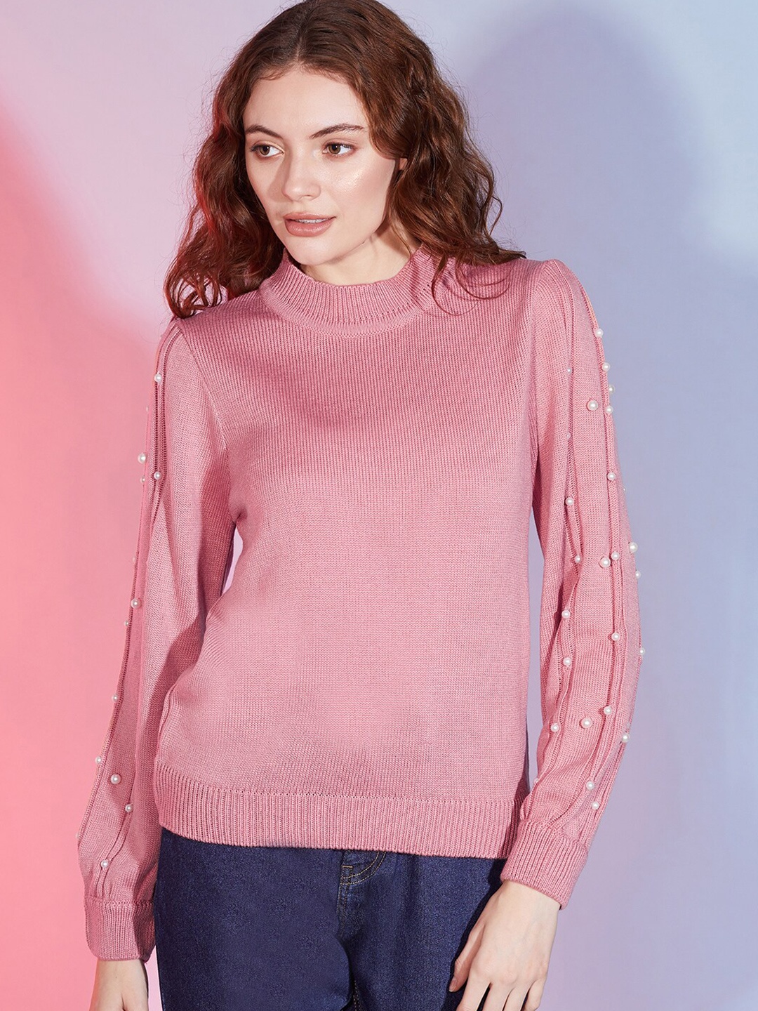 

DressBerry Peach-Coloured Embellished Acrylic Pullover