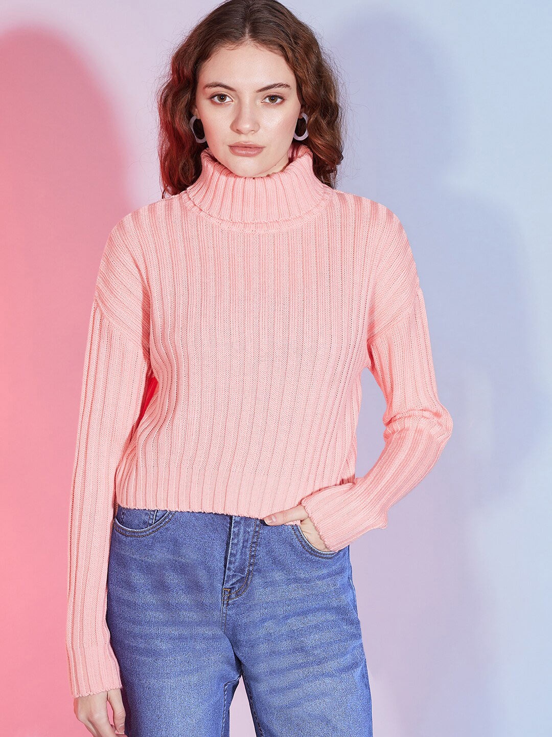 

DressBerry Peach-Coloured Cable Knit Turtle Neck Long Sleeves Acrylic Pullover