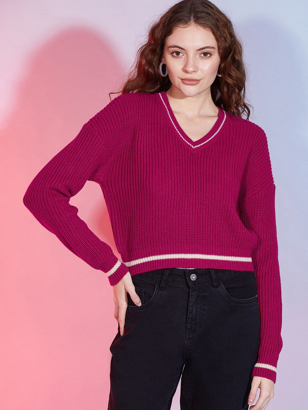 

DressBerry Purple Cable Knit V-Neck Long Sleeves Acrylic Pullover
