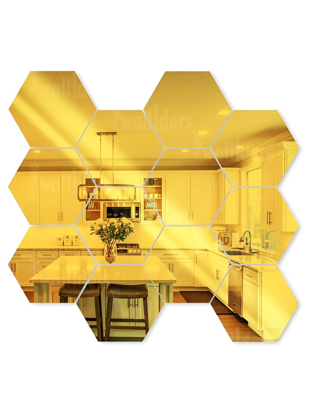 

Wall1ders God Toned 12 Pieces Hexagon Shaped Mirror Wall Stickers, Gold