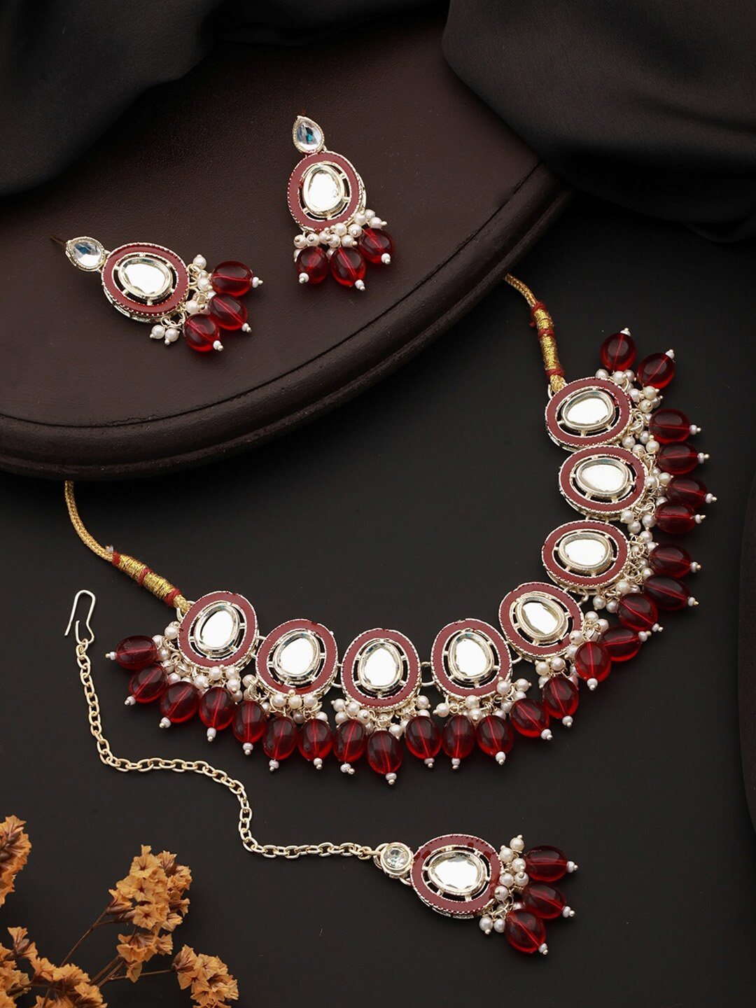 

Aadvik Designs Gold-Plated Kundan Studded Meenakari Necklace & Earrings With Maang Tika