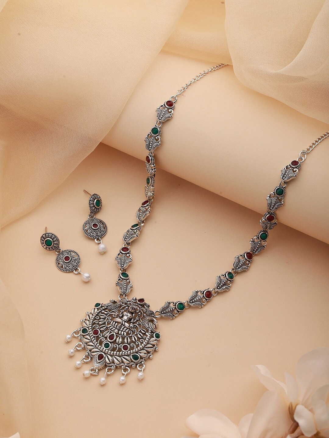 

Aadvik Designs Silver-Plated Stone Studded & Beaded Temple Necklace & Earrings