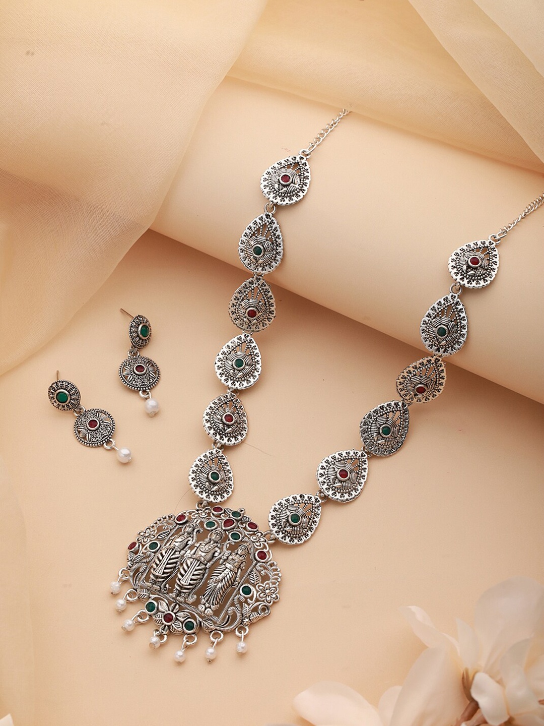 

Aadvik Designs Silver-Plated Stone-Studded & Beaded Temple Necklace & Earrings