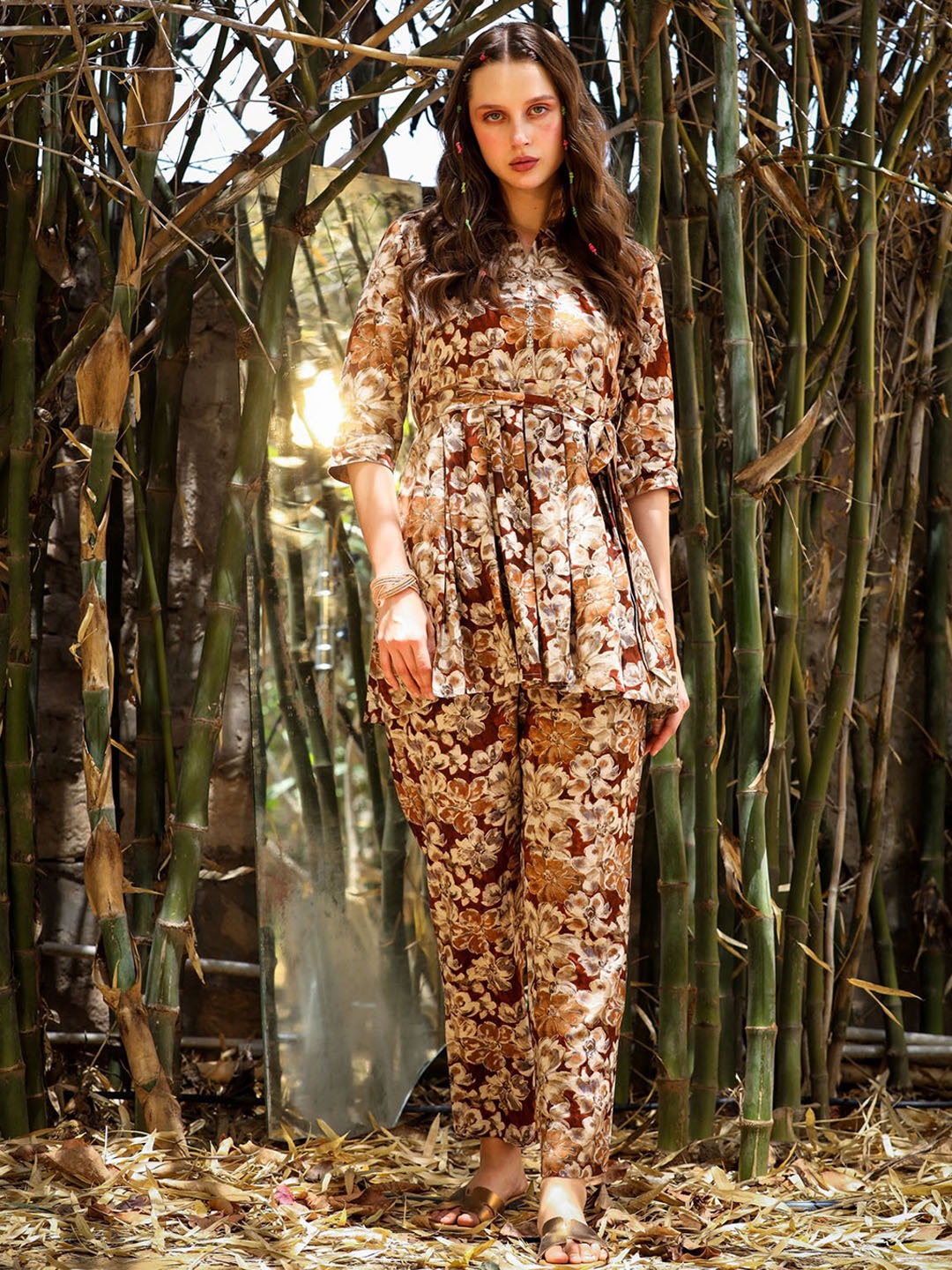 

FASHION DWAR Printed Tunic & Trousers Co-Ords, Brown