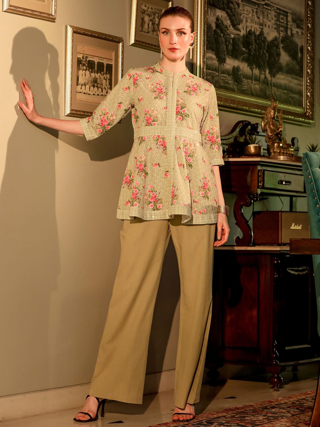 

FASHION DWAR Printed Mandarin Collar Pure Cotton Tunic & Trousers Co-Ords, Green