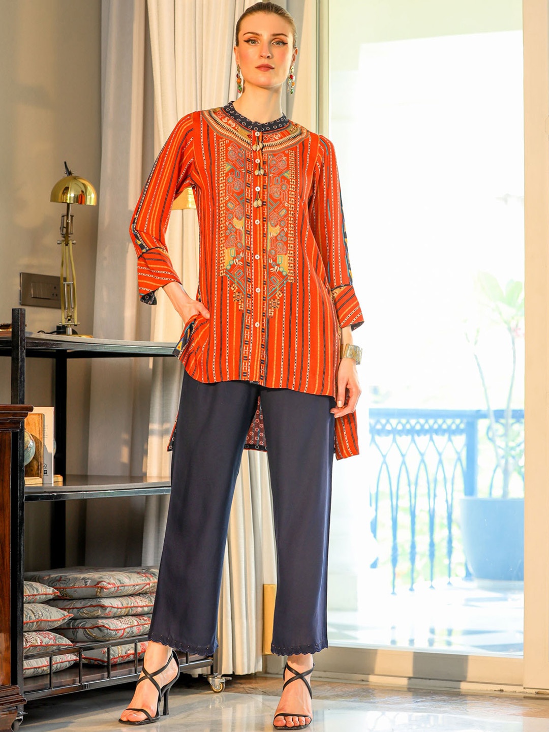 

FASHION DWAR Printed Tunic & Trousers Co-Ords, Orange