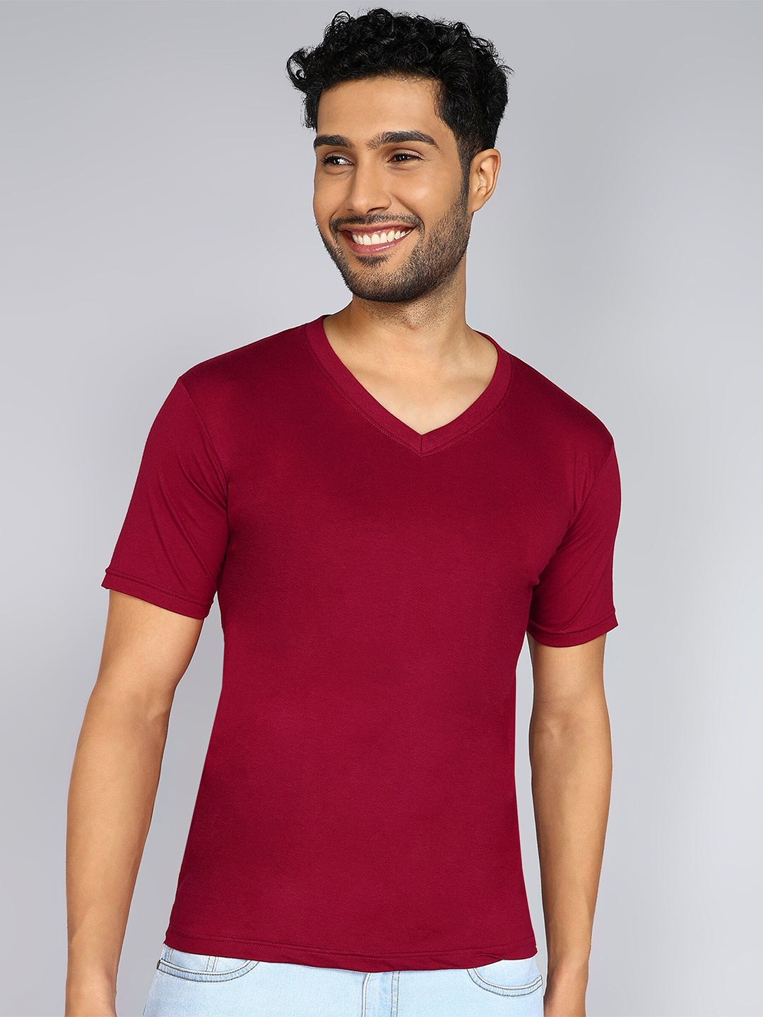 

Fleximaa V-Neck Short Sleeves Pure Cotton T-shirt, Maroon