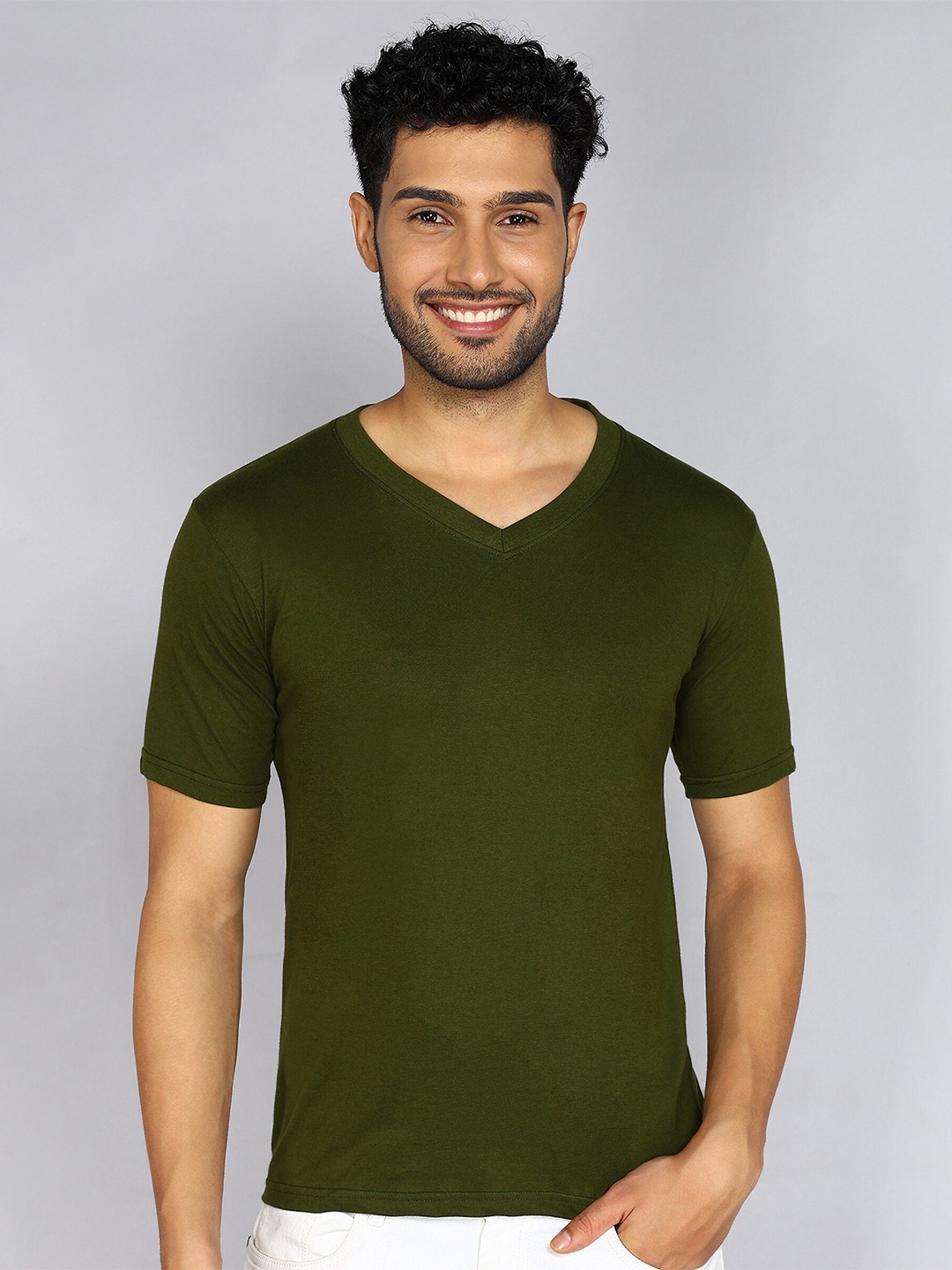 

Fleximaa V-Neck Short Sleeves Pure Cotton T-shirt, Olive