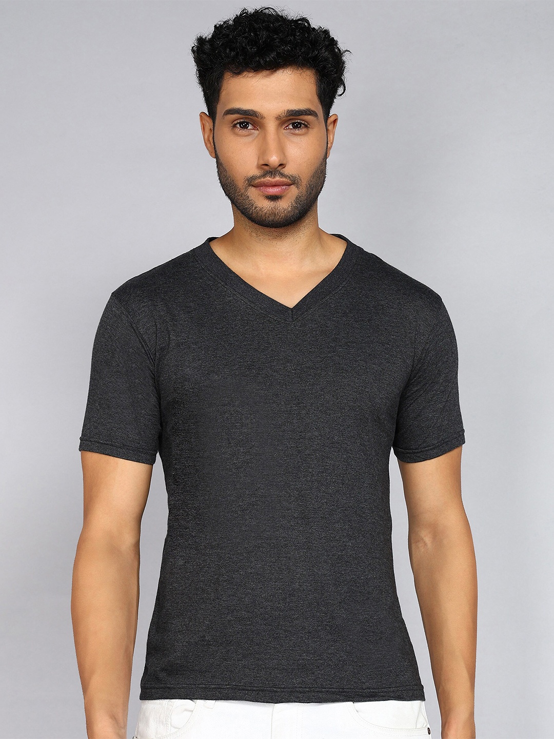 

Fleximaa V-Neck Short Sleeves Pure Cotton T-shirt, Charcoal