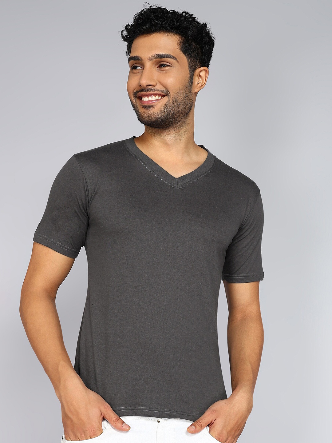 

Fleximaa V-Neck Short Sleeves Pure Cotton T-shirt, Grey