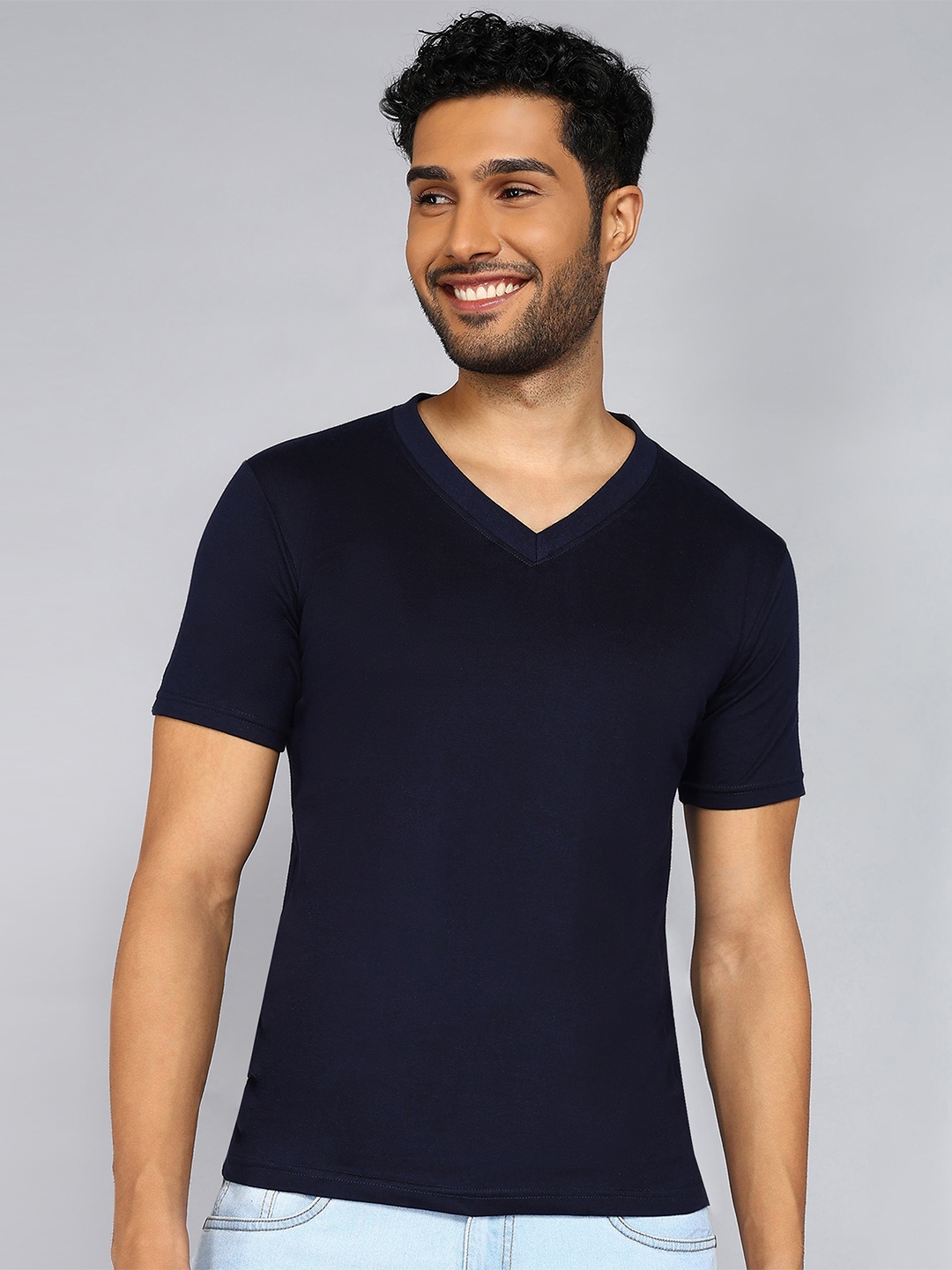 

Fleximaa V-Neck Short Sleeves Pure Cotton T-shirt, Navy blue