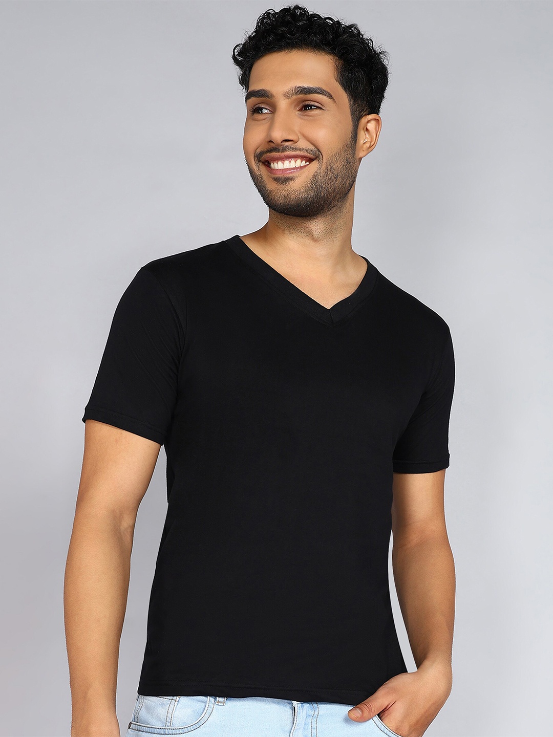 

Fleximaa V-Neck Short Sleeves Pure Cotton T-shirt, Black