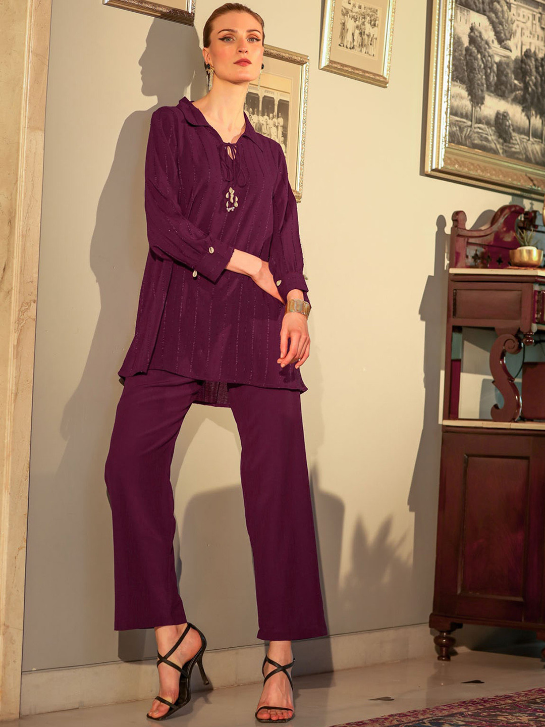 

FASHION DWAR Striped Tunic & Trousers, Purple