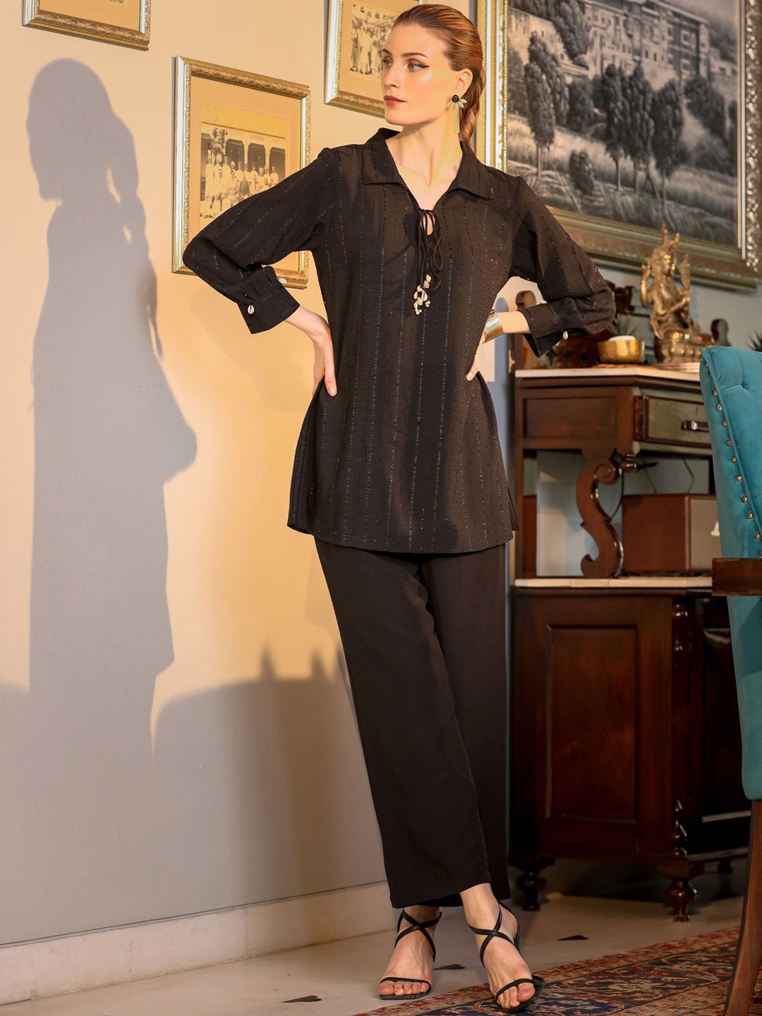 

FASHION DWAR Striped Tunic & Trousers, Black