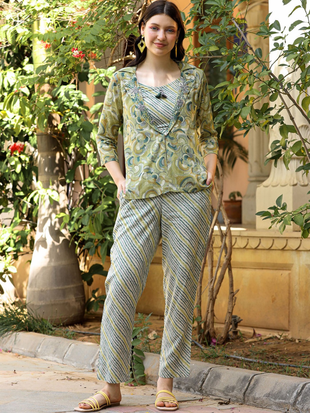 

FASHION DWAR Printed Pure Cotton Top With Trousers, Green