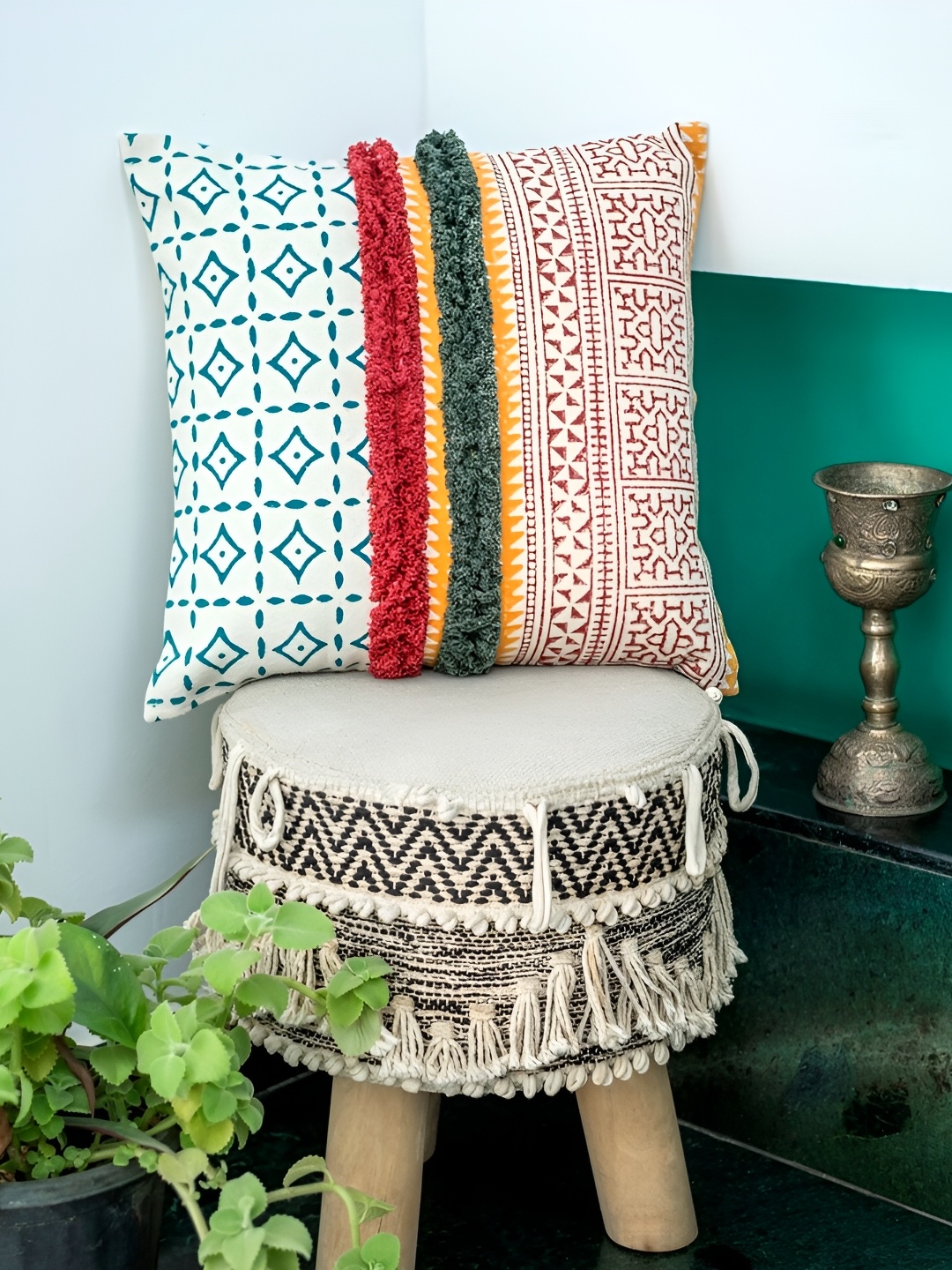 

ABSTRACT INDIA White Cotton Square Cushion Cover, Beige