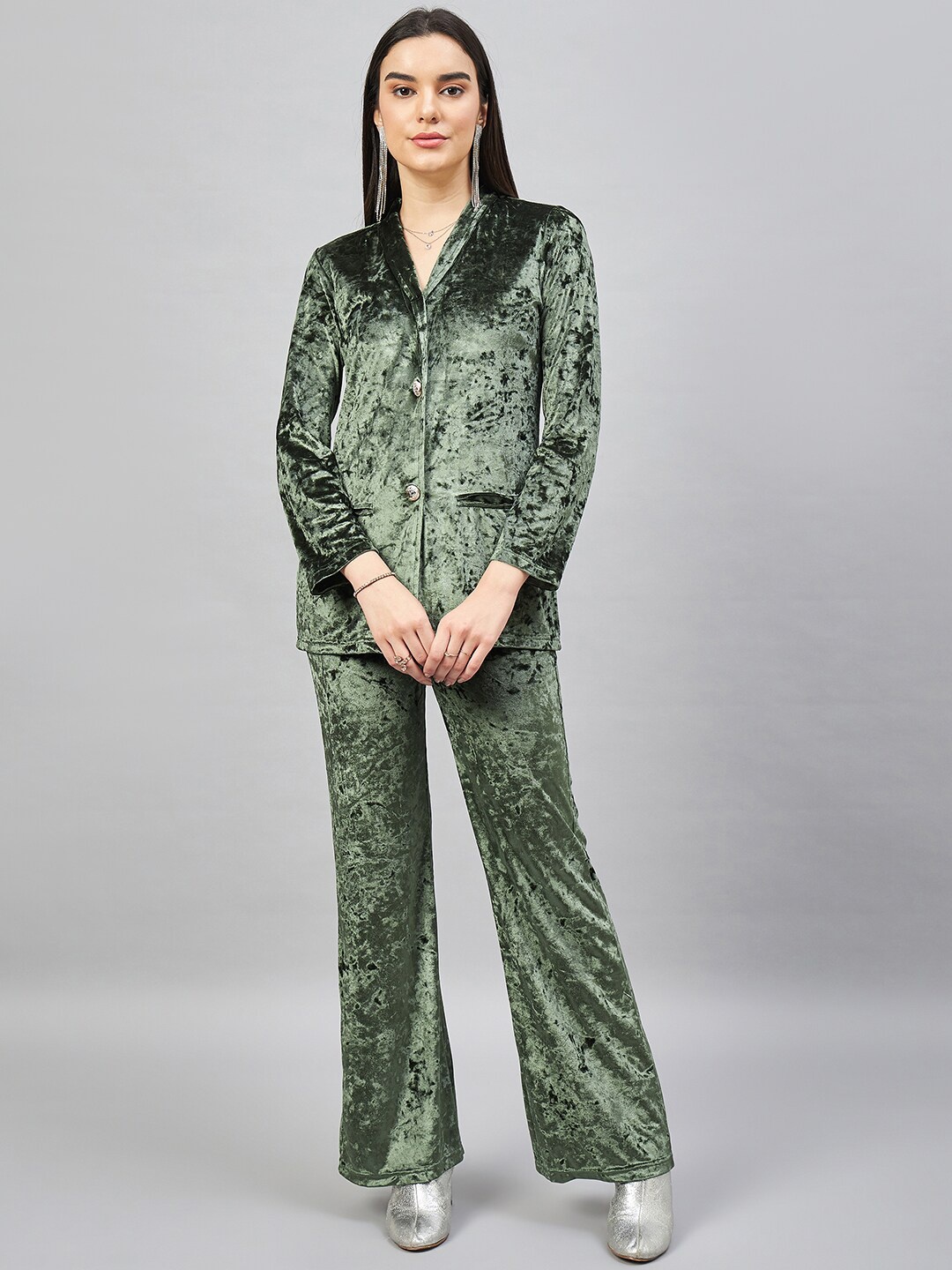 

Chemistry Velvet Blazer With Flared Palazzos Co-ords, Olive