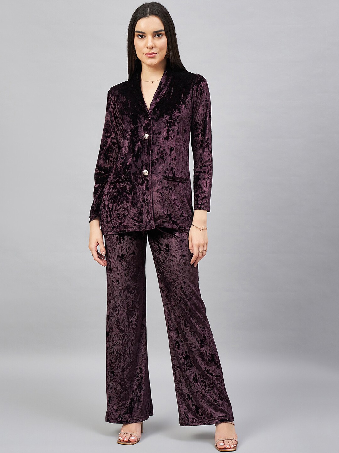 

Chemistry Velvet Blazer With Flared Palazzos, Violet