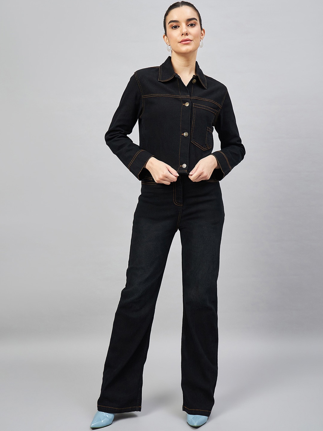 

Chemistry Spread Collar Shirt With Flared Trouser, Black