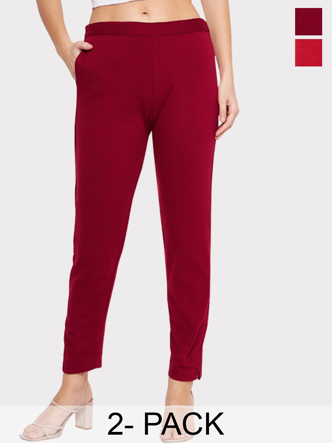 

Castle Lifestyle Women Pack of 2 Smart Slim Fit Woolen Cigarette Trousers, Red