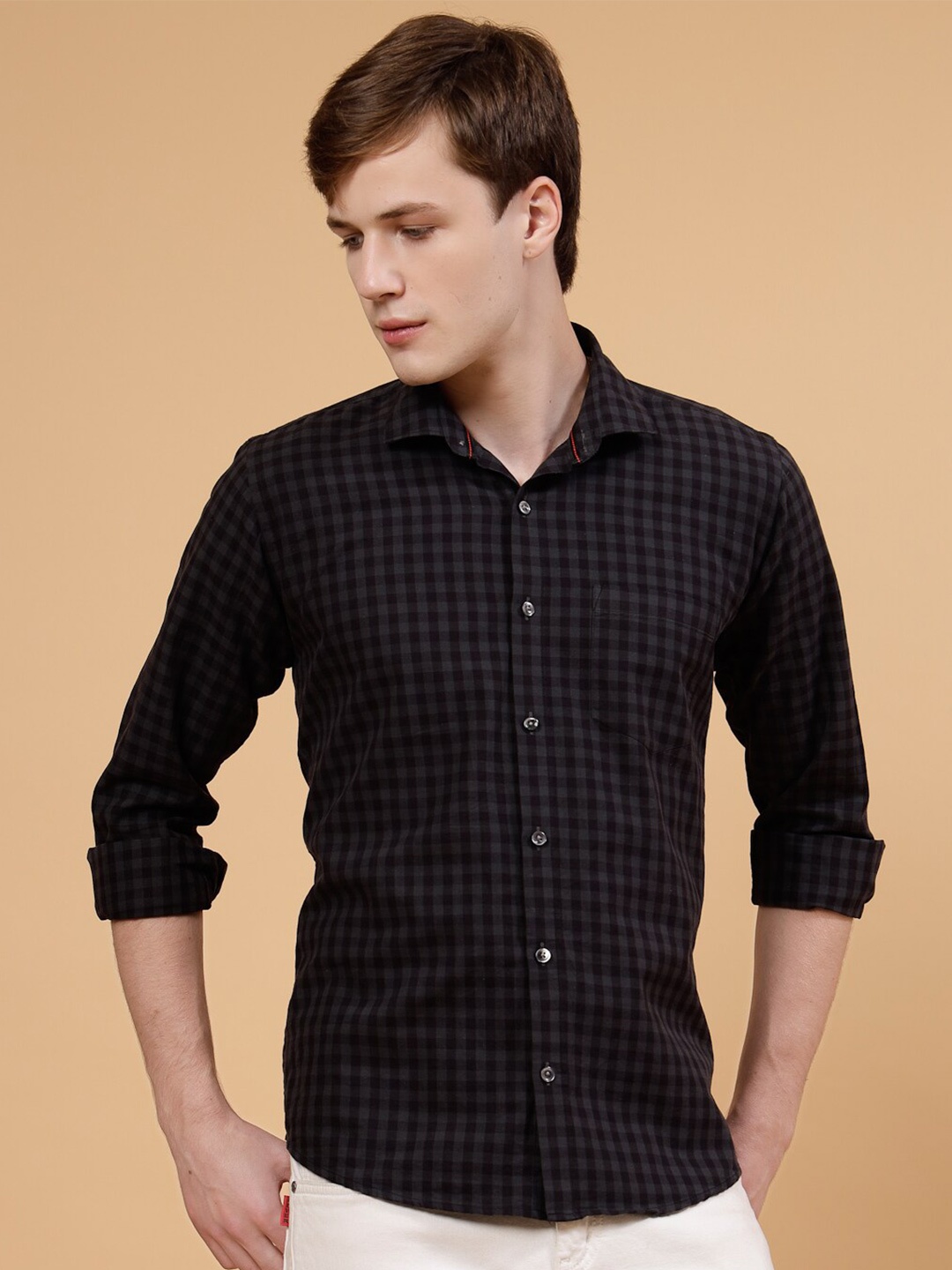 

JADEBERRY Standard Gingham Checked Spread Collar Cotton Shirt, Black