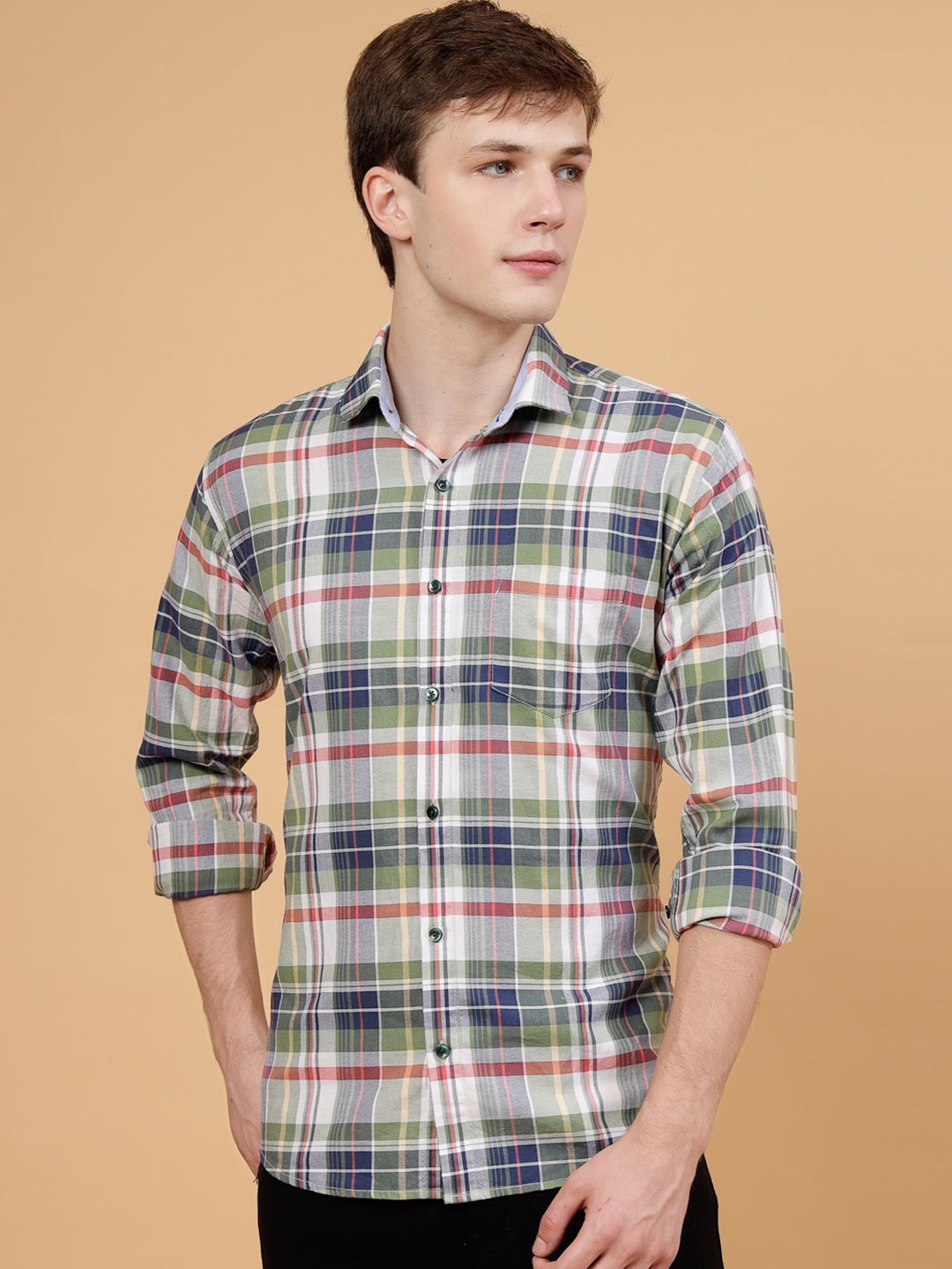 

JADEBERRY Standard Tartan Checked Spread Collar Cotton Casual Shirt, Green