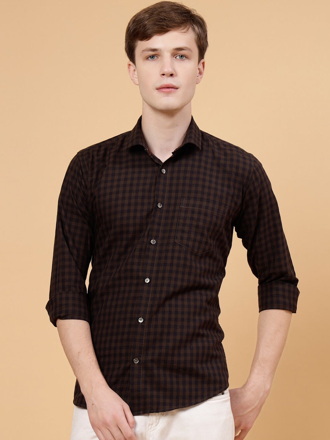 

JADEBERRY Standard Gingham Checked Cotton Shirt, Coffee brown