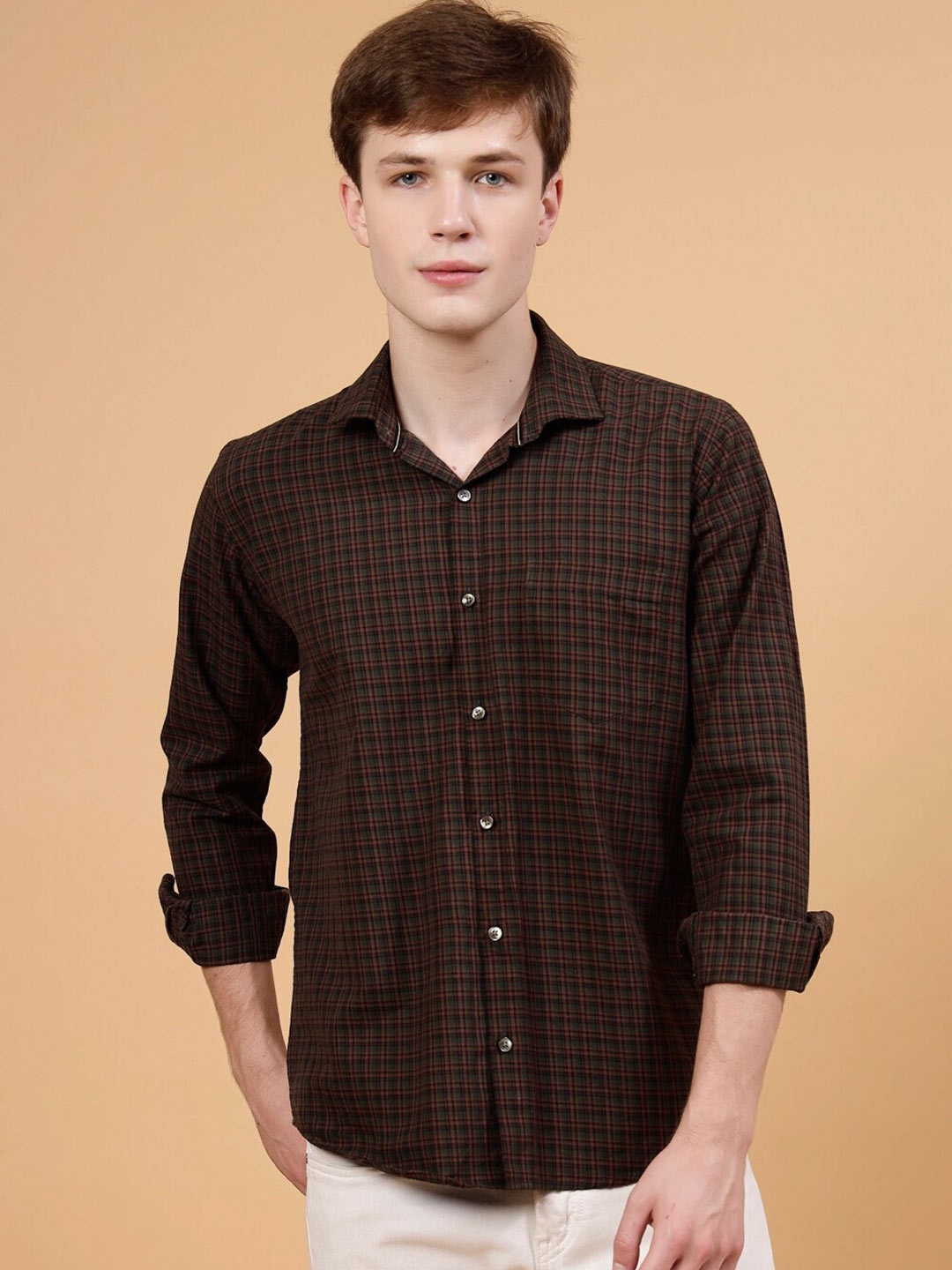 

JADEBERRY Standard Gingham Checked Cotton Casual Shirt, Coffee brown