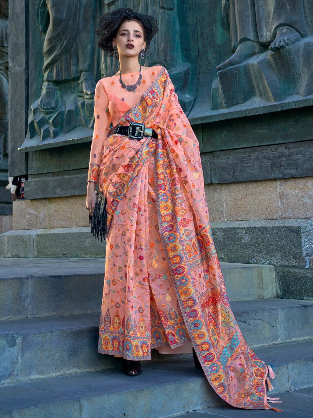 

Mitera Peach-Coloured Ethnic Motifs Woven Design Organza Banarasi Saree