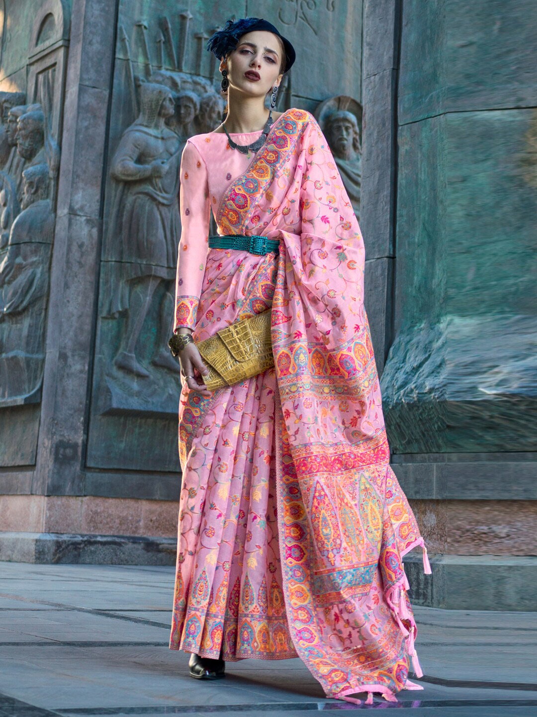 

Mitera Pink Ethnic Motifs Woven Design Organza Banarasi Saree