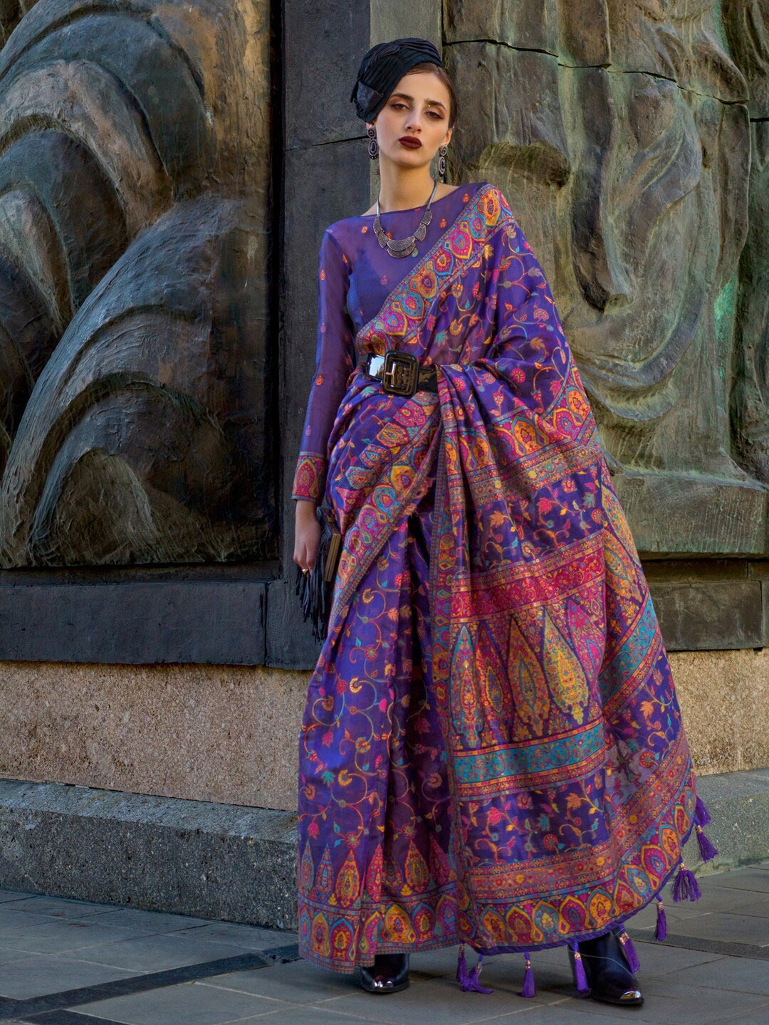 

Mitera Purple Floral Woven Design Organza Banarasi Saree