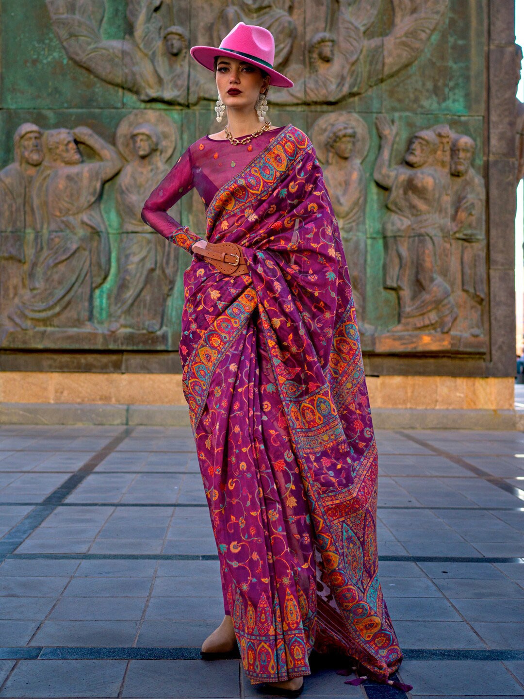 

Mitera Magenta Floral Woven Design Organza Banarasi Saree